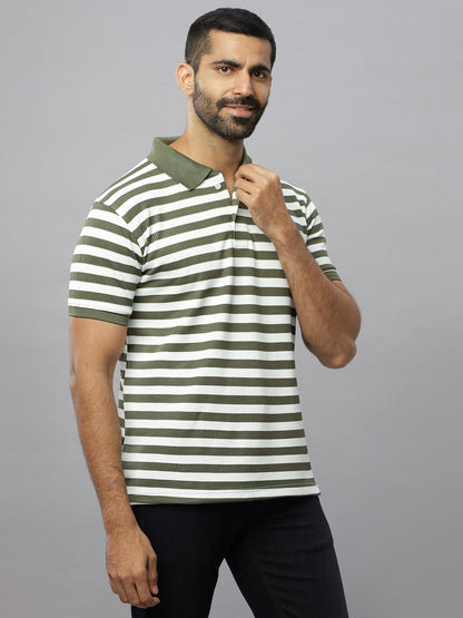 Olive Waffle Polo Striped T-Shirt