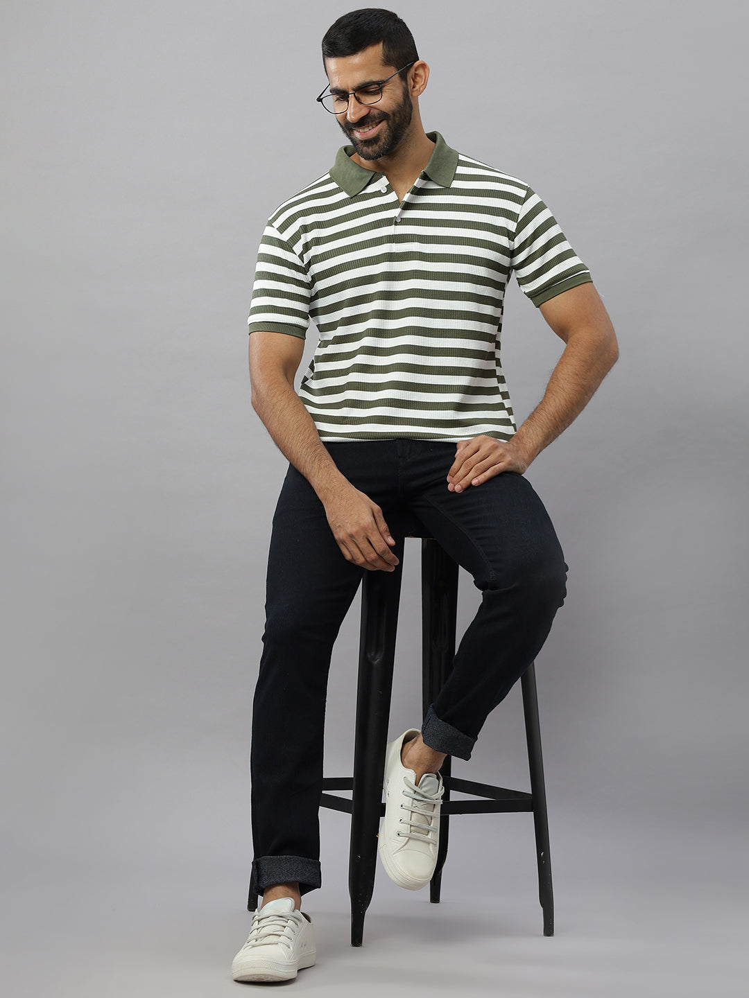Olive Waffle Polo Striped T-Shirt
