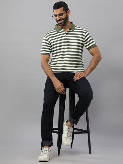 Olive Waffle Polo Striped T-Shirt
