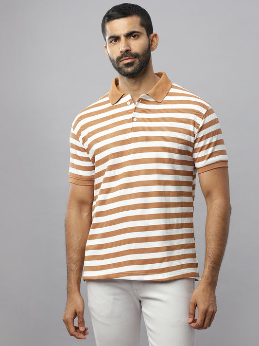Brown Waffle Polo Striped T-Shirt