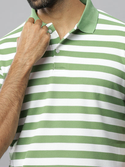 Green Waffle Polo Striped T-Shirt