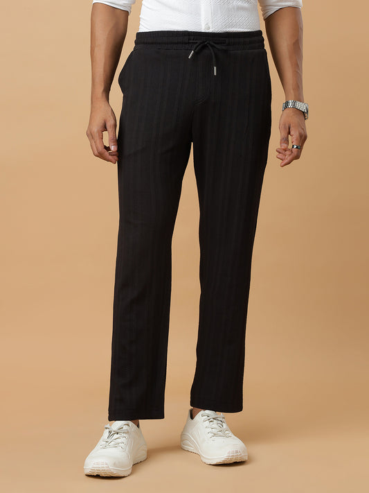 Black | Vertical Stripe Textured Track Pants | All-Season Wear