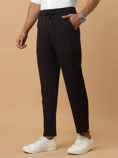 Black | Vertical Stripe Textured Track Pants | All-Season Wear