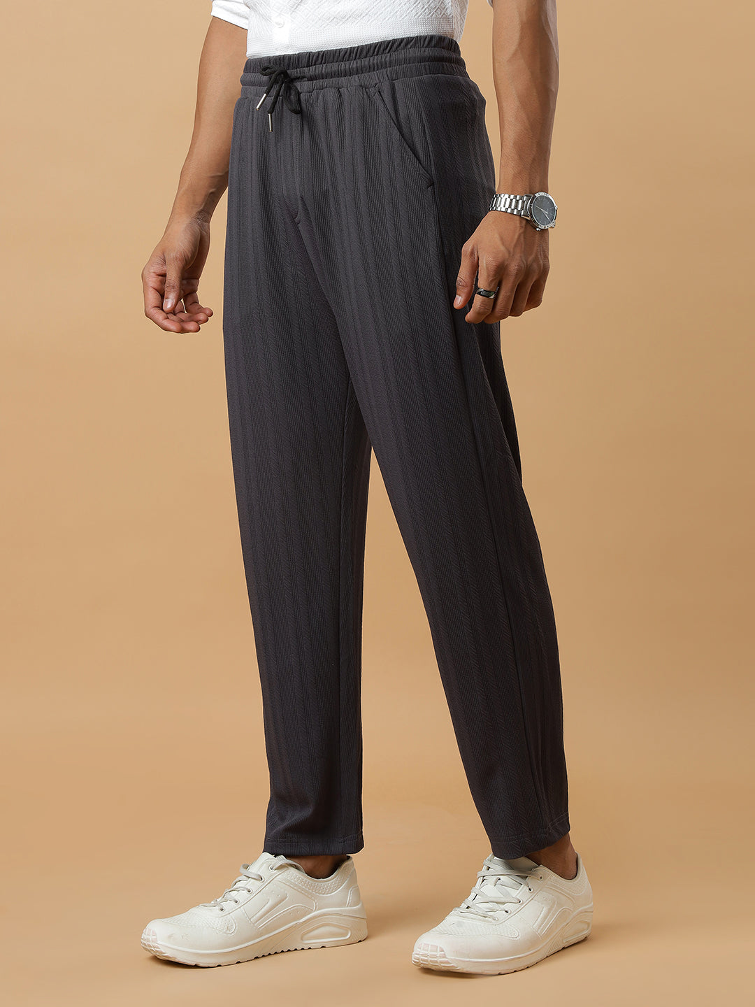 Dark Grey | Vertical Stripe Textured Track Pants | All-Season Wear