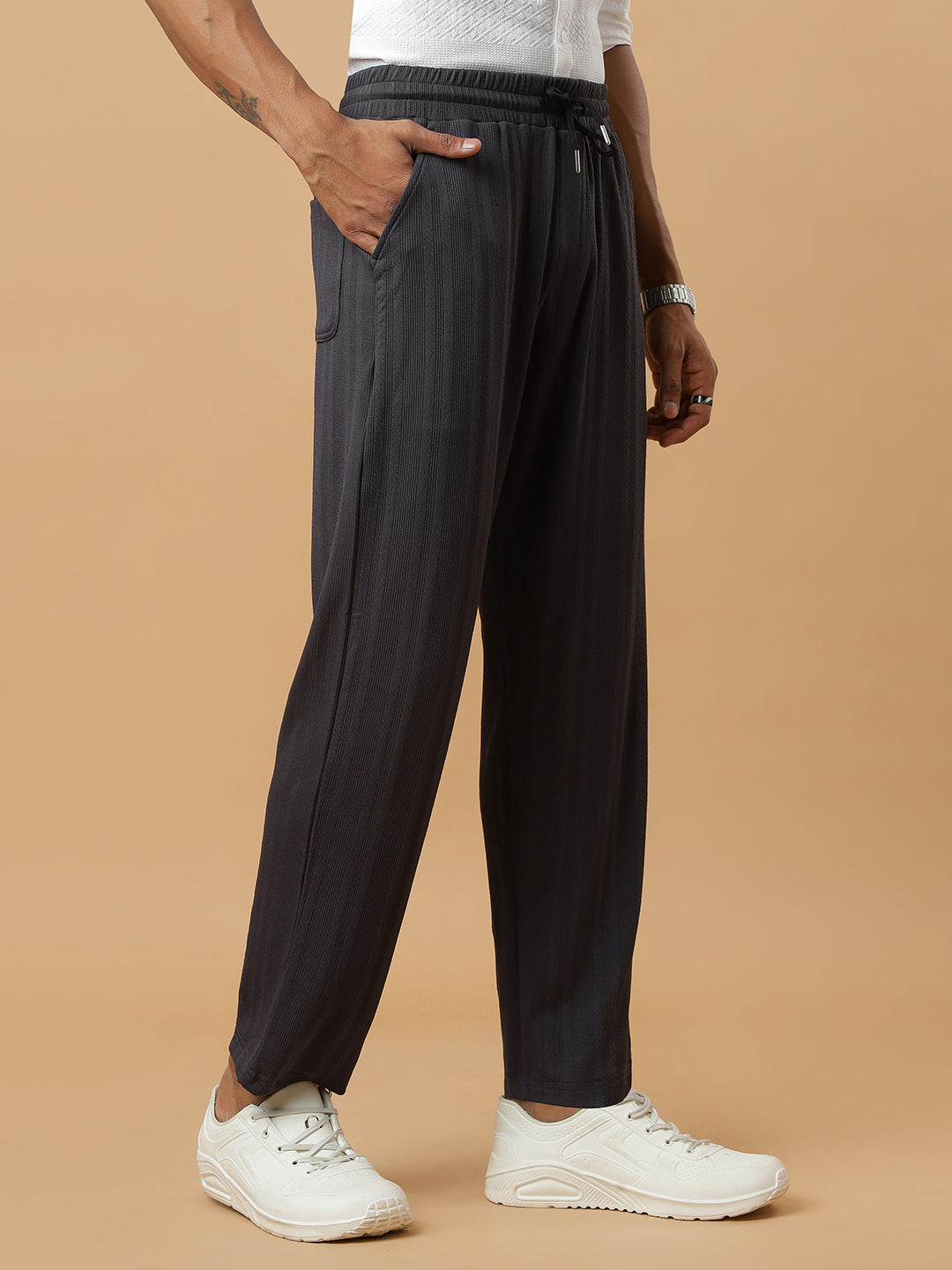 Dark Grey | Vertical Stripe Textured Track Pants | All-Season Wear