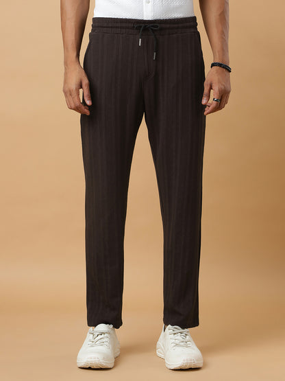 Coffee | Vertical Stripe Textured Track Pants | All-Season Wear