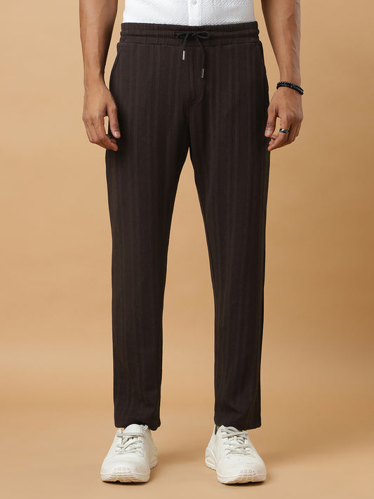 Coffee | Vertical Stripe Textured Track Pants | All-Season Wear