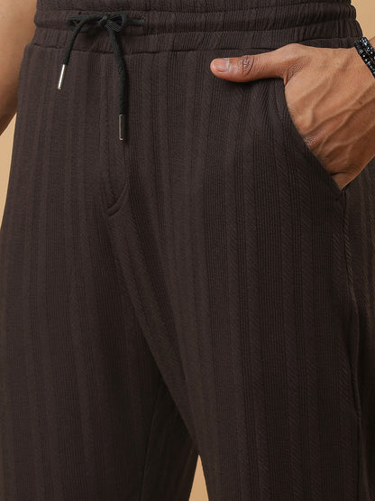 Coffee | Vertical Stripe Textured Track Pants | All-Season Wear