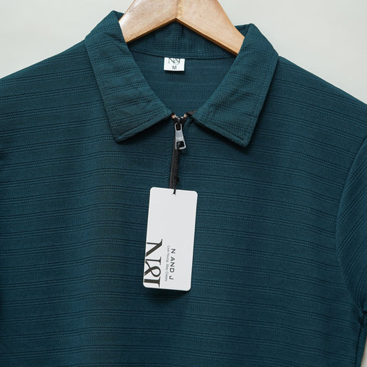Bottle Green | Ottoman Rib Textured | Polo Zipper T-Shirt