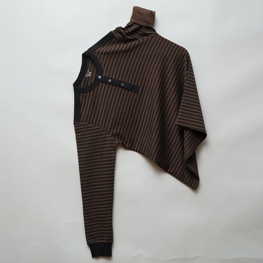 Coffee | Henley Neck Striped T-Shirt | Full Sleeve