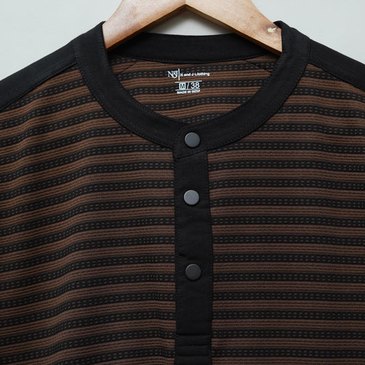 Coffee | Henley Neck Striped T-Shirt | Full Sleeve