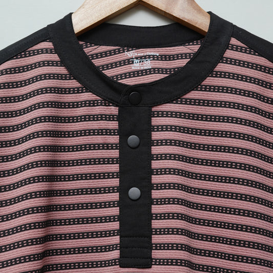Rose Gold | Henley Neck Striped T-Shirt | Full Sleeve