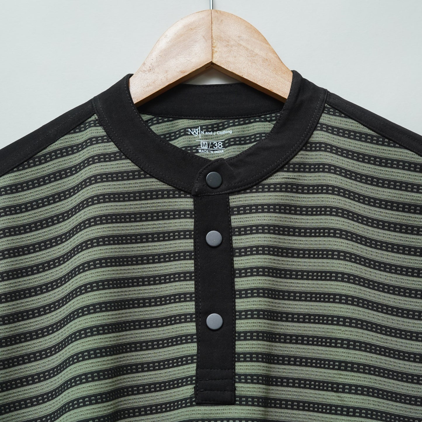Grey | Henley Neck Striped T-Shirt | Full Sleeve