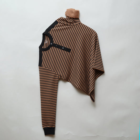 Brown | Henley Neck Striped T-Shirt | Full Sleeve