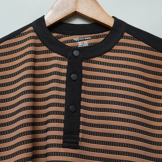 Brown | Henley Neck Striped T-Shirt | Full Sleeve