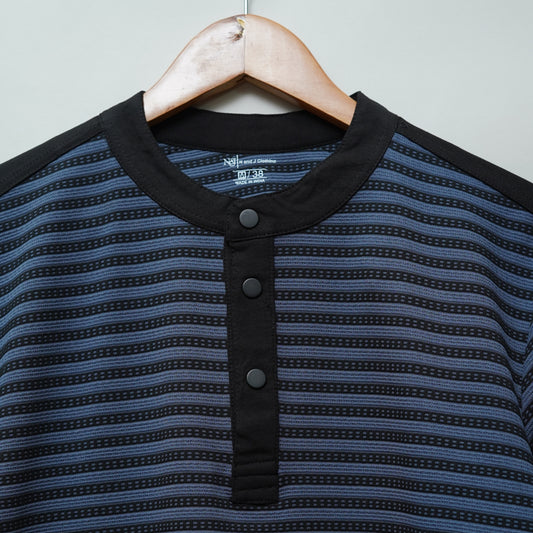 Denim | Henley Neck Striped T-Shirt | Full Sleeve
